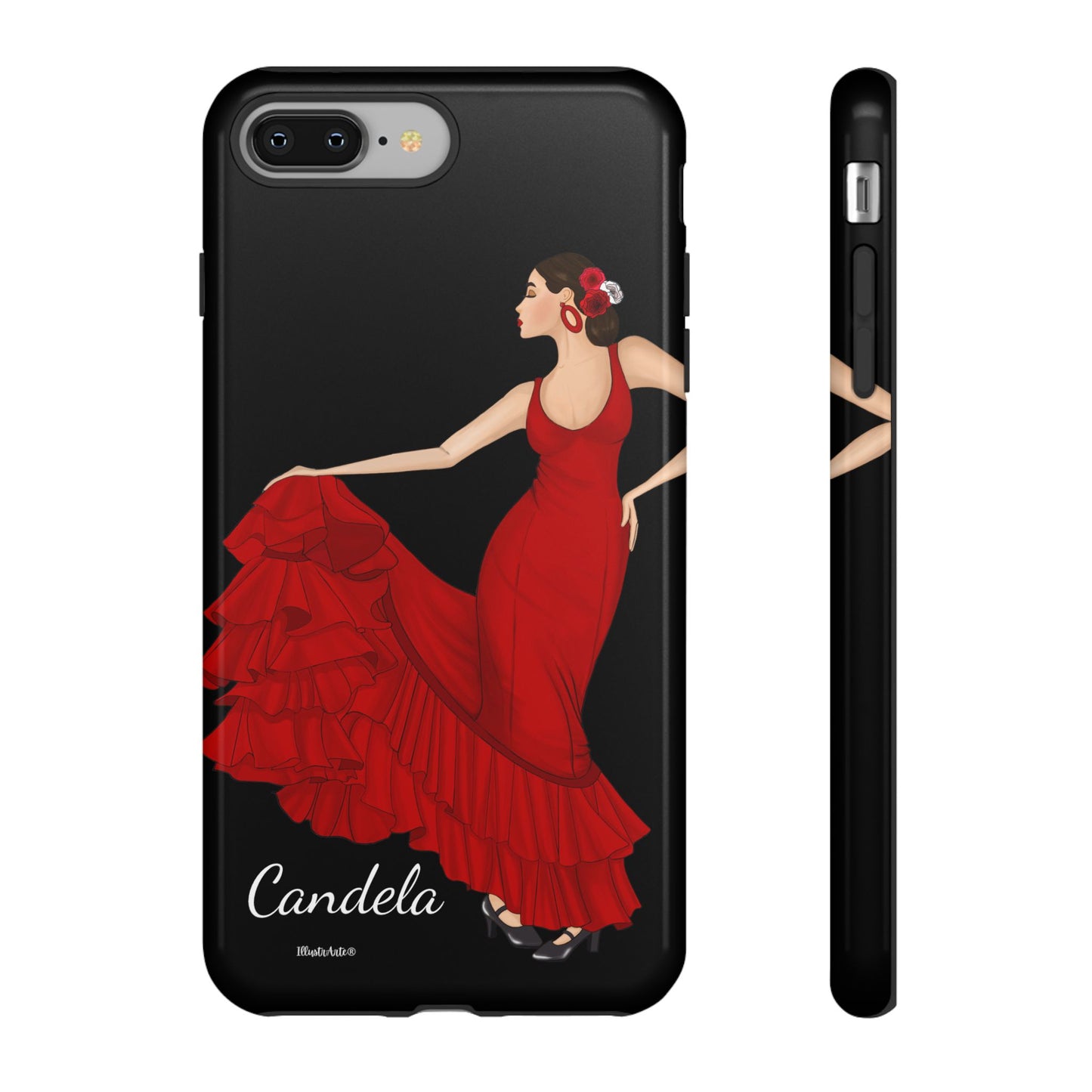 una funda de teléfono con una imagen de una mujer en un vestido rojo