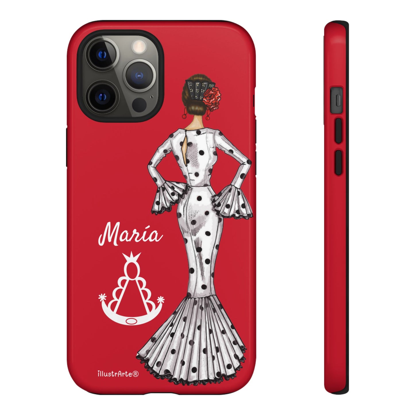 Capa de telefone personalizável com nome/bandeira/Virgem - modelo White Mary com Virgen del Rocío para iPhone, Samsung e Google Pixel