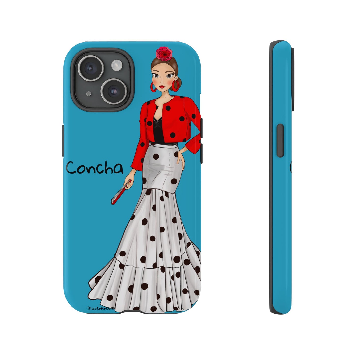 Funda de teléfono Modelo Conchita fondo azul en uso, mostrando su resistencia y estilo.