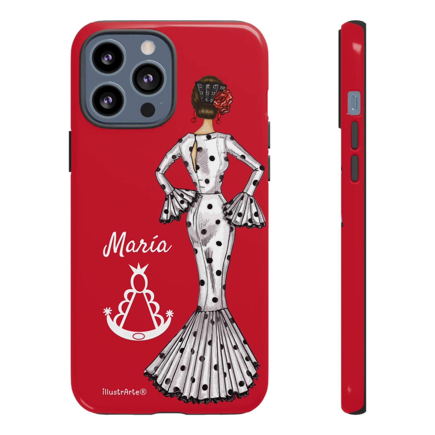 Capa de telefone personalizável com nome/bandeira/Virgem - modelo White Mary com Virgen del Rocío para iPhone, Samsung e Google Pixel