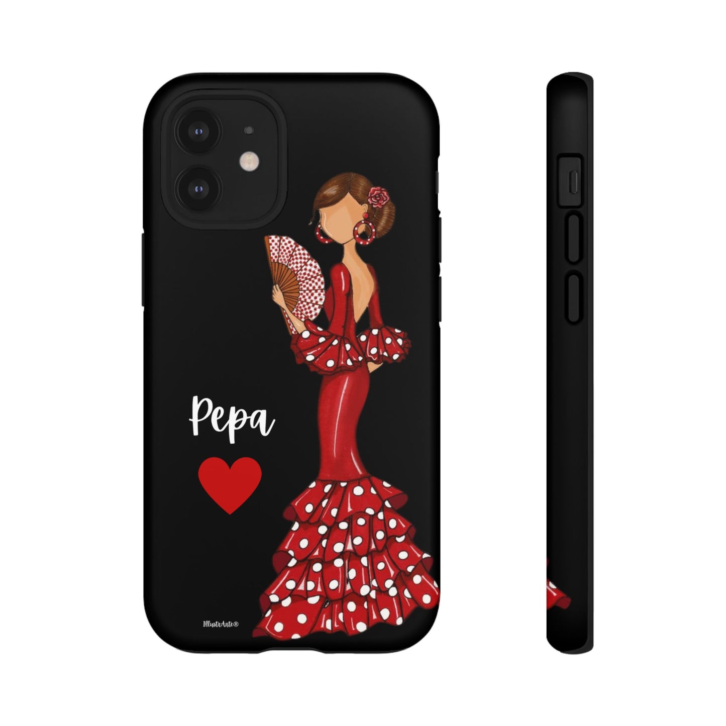 una funda de teléfono con una mujer en un vestido rojo