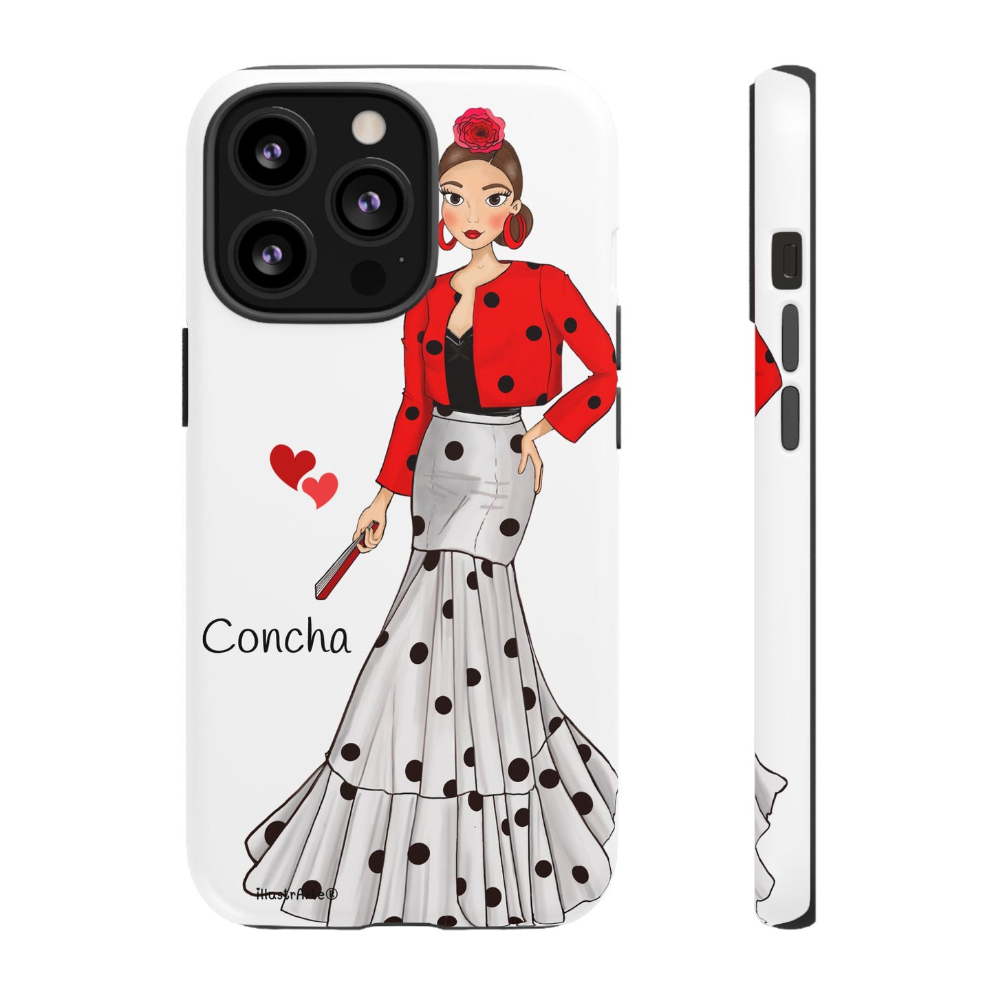 Funda personalizable modelo Conchita con fondo blanco y diseño exclusivo, perfecta para iPhone, Samsung y Google Pixel.