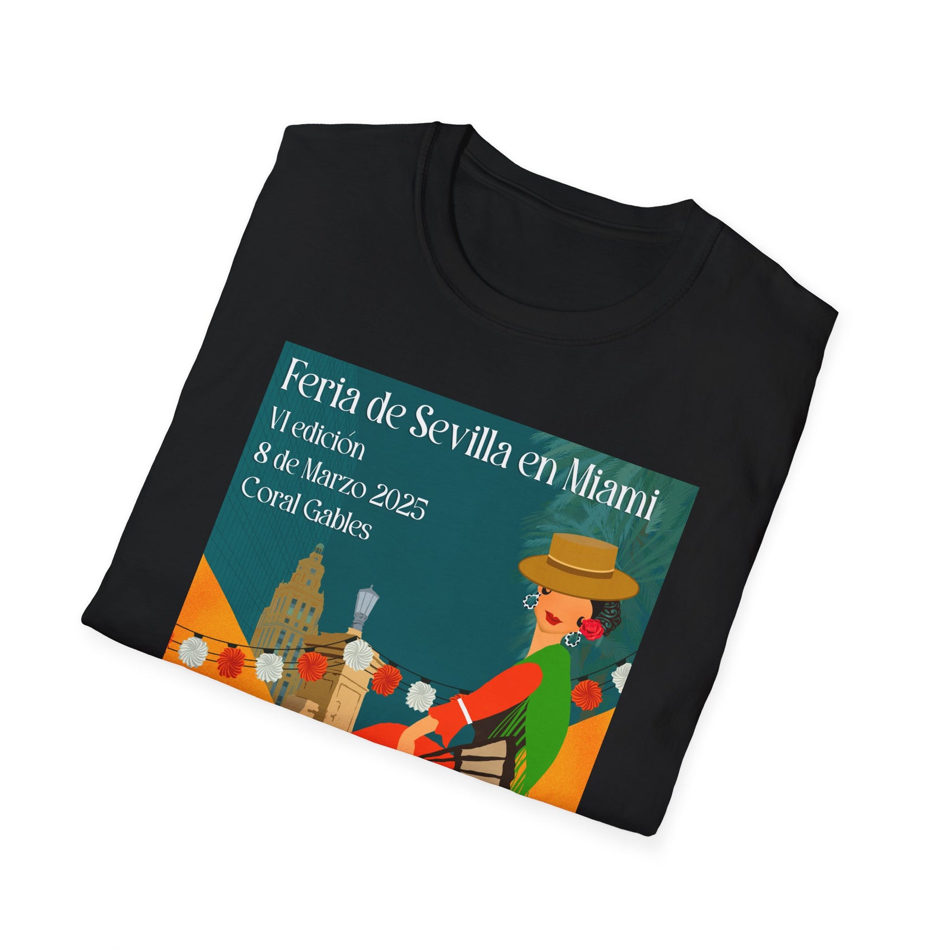 una camiseta negra con una imagen de una mujer con un sombrero