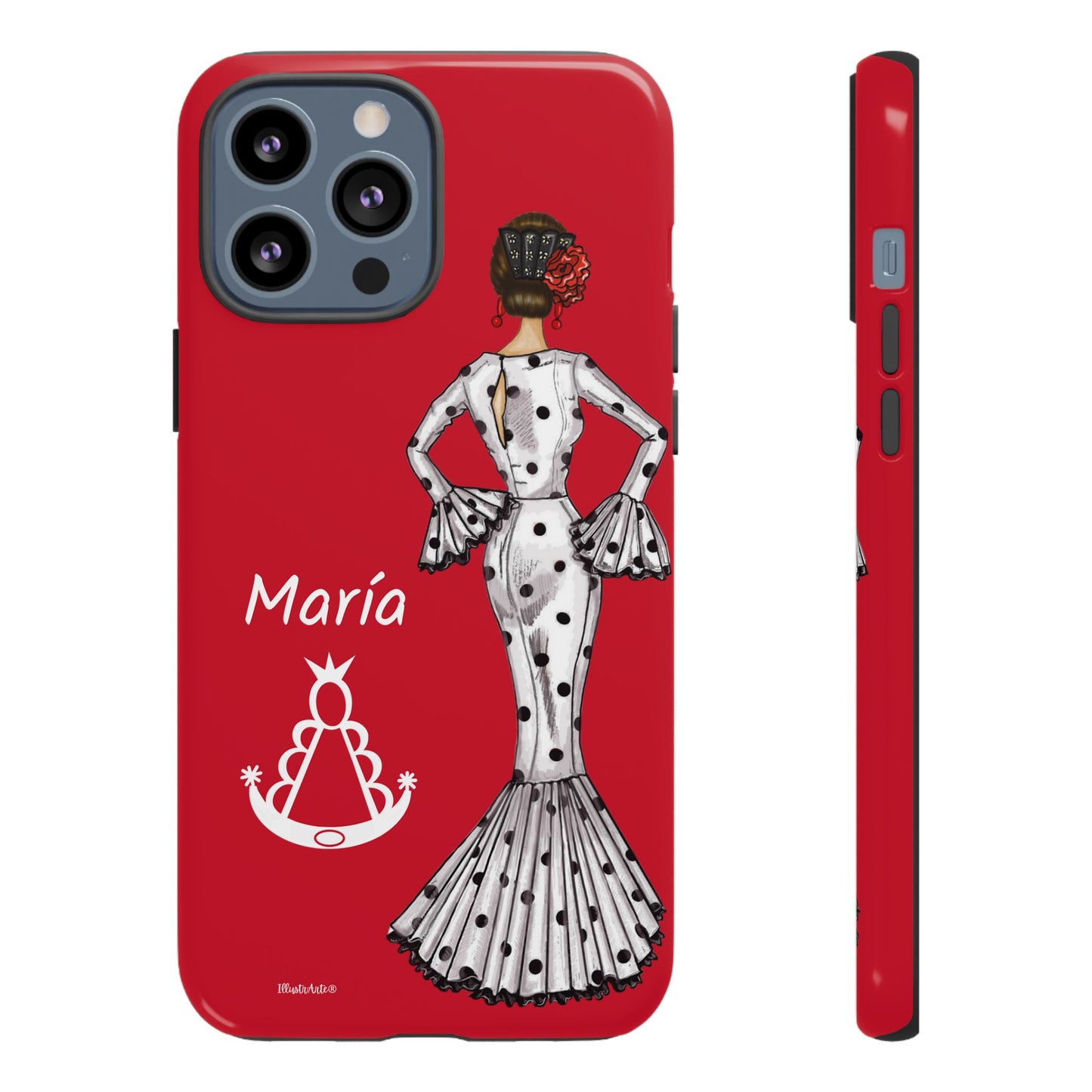 una funda de teléfono roja con una imagen de una mujer en un vestido