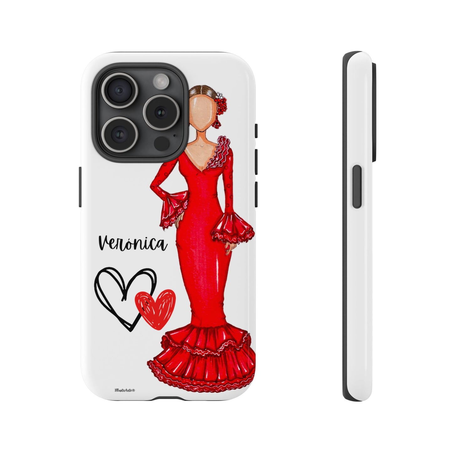 una funda de teléfono con un dibujo de una mujer en un vestido rojo