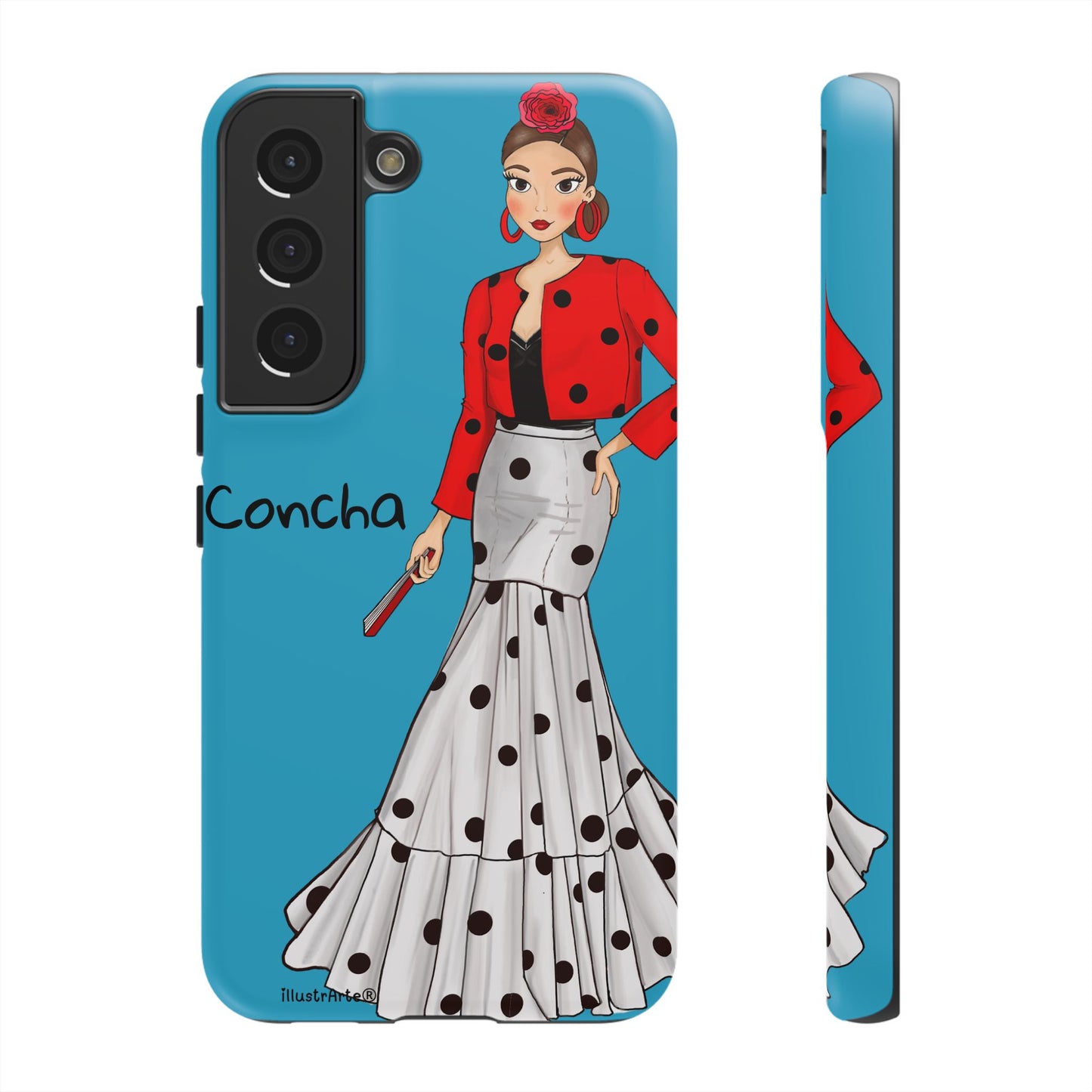 Funda de teléfono vibrante, Modelo Conchita fondo azul, que te permite expresar tu estilo personal.