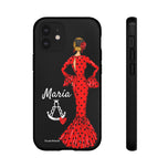 Personalised phone case flamenco dancer María, red dress, with a little Virgin Mary for iPhone 12 Mini, gloss finish – illustrArte