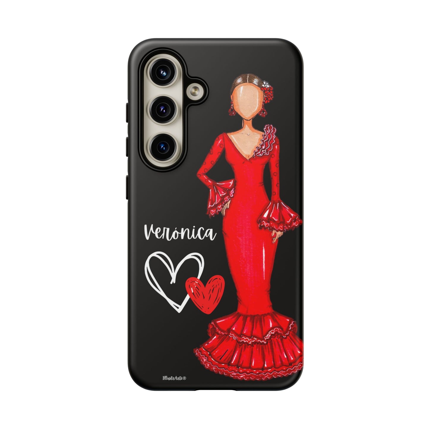 una funda de teléfono con una mujer con un vestido rojo