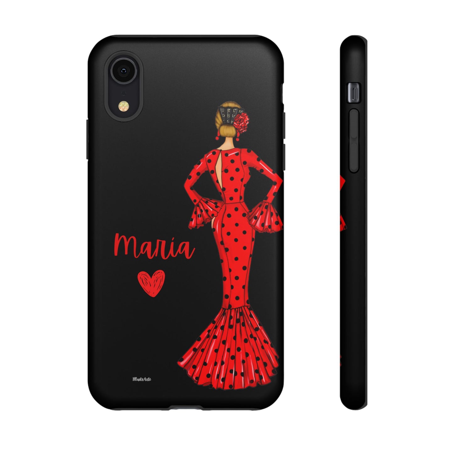 una funda de teléfono con una mujer en un vestido rojo