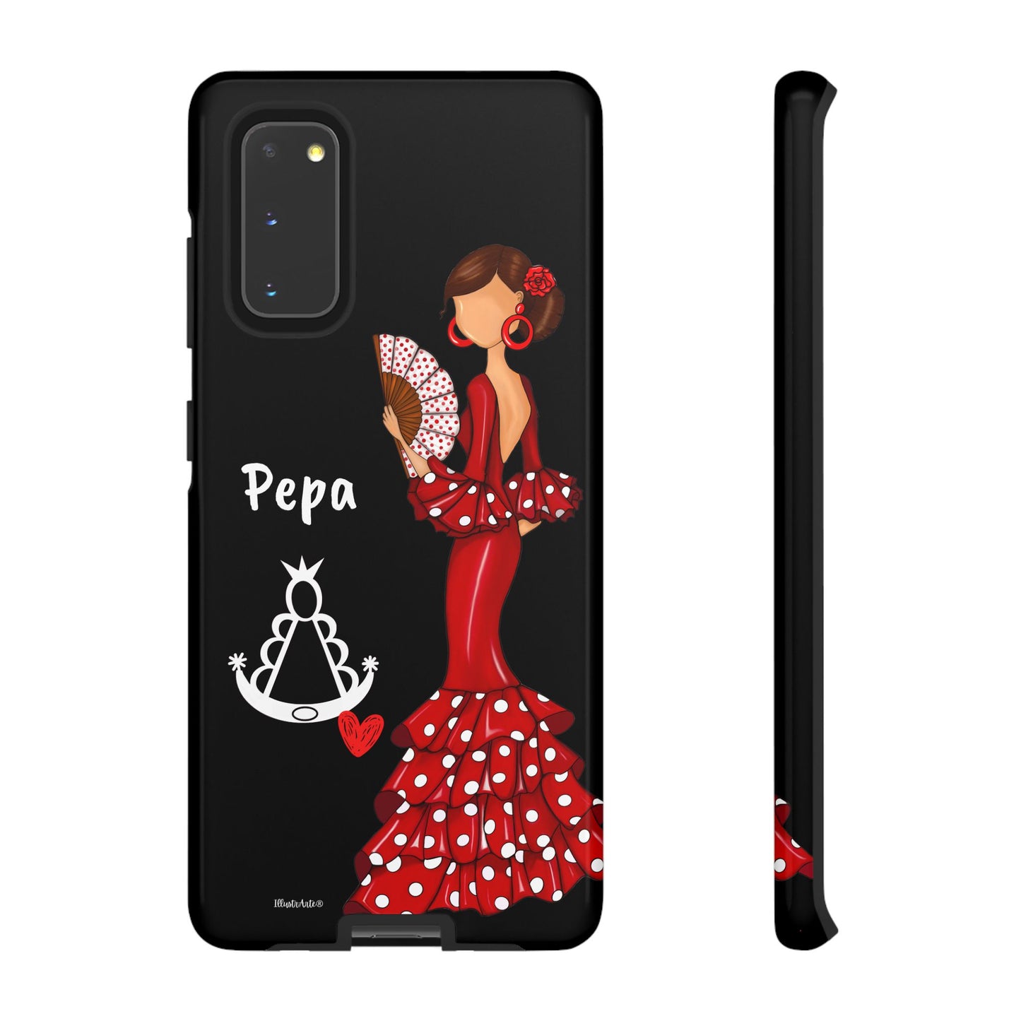 Personalized Pepa phone case on a black background with the Virgin Mary – for iPhone, Samsung, Pixel