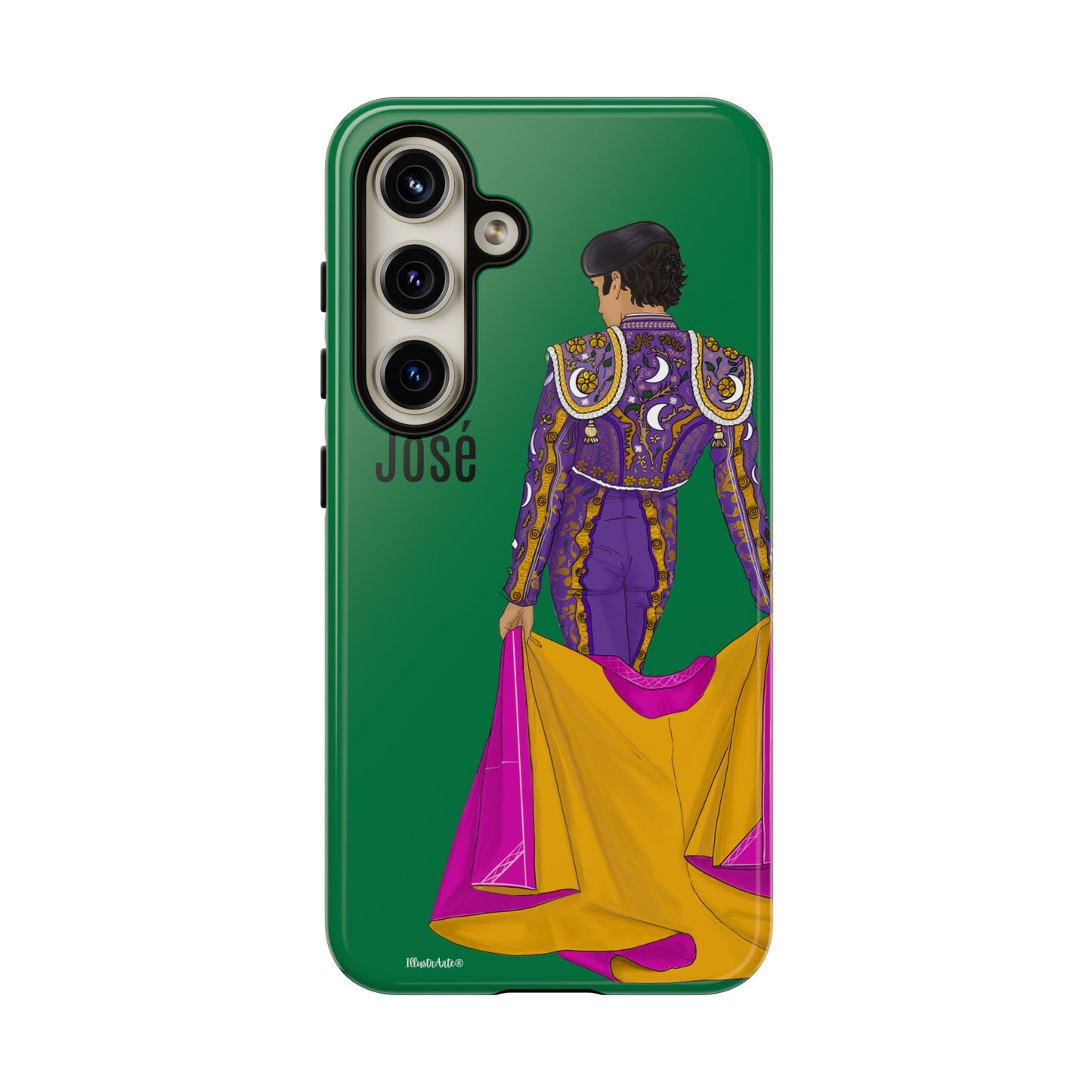 una funda de teléfono verde con una imagen de un hombre en un atuendo púrpura y amarillo