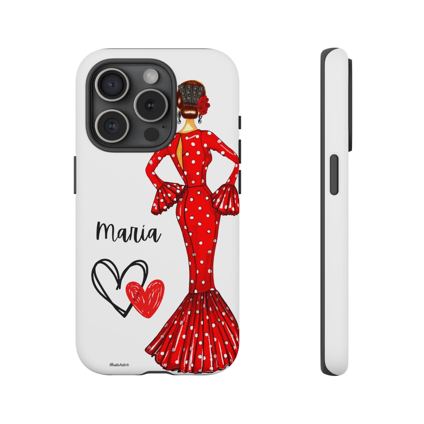 una funda de teléfono con una mujer en un vestido rojo