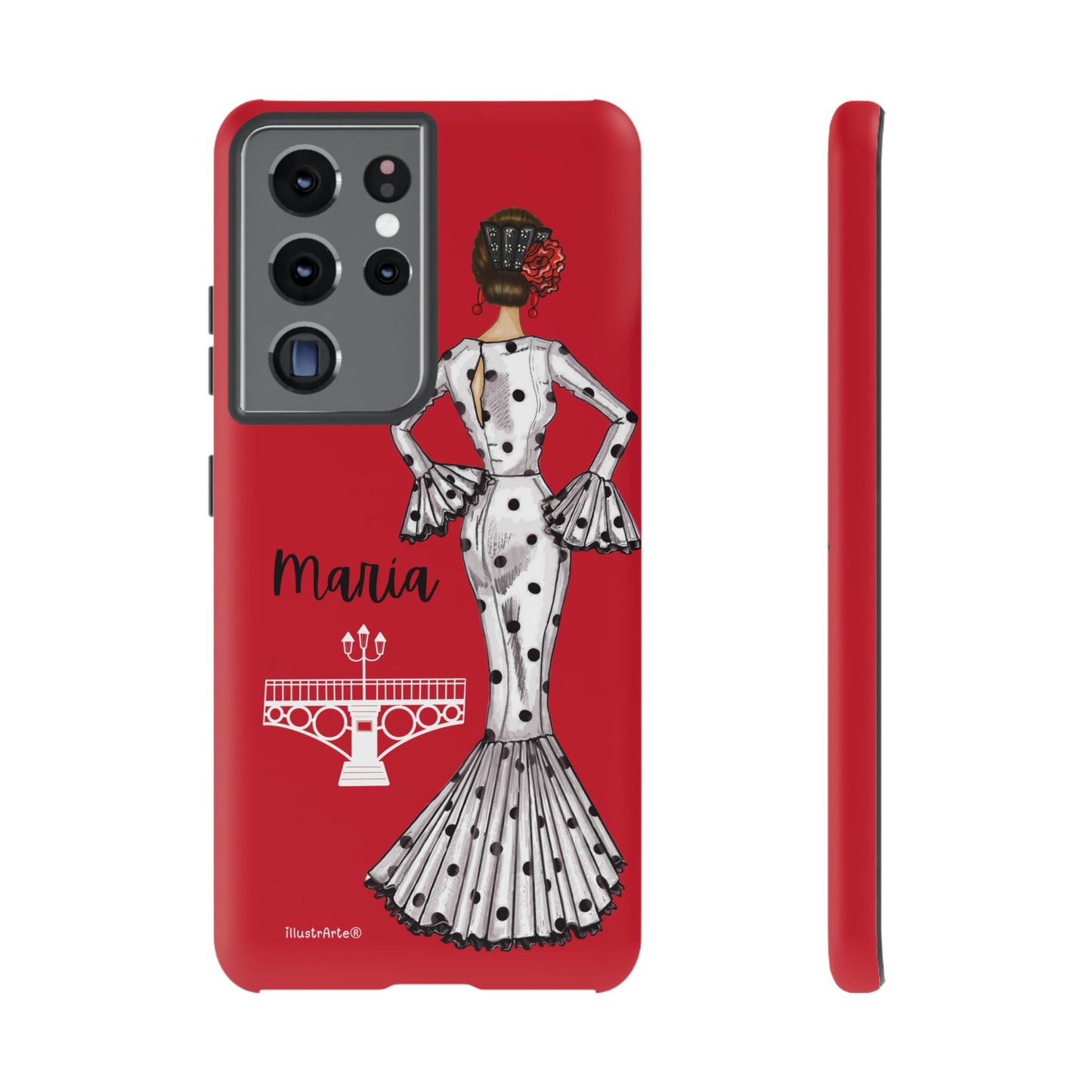 Imágen de la funda de teléfono personalizable con el diseño de flamenca María, ideal para iPhone y Samsung.