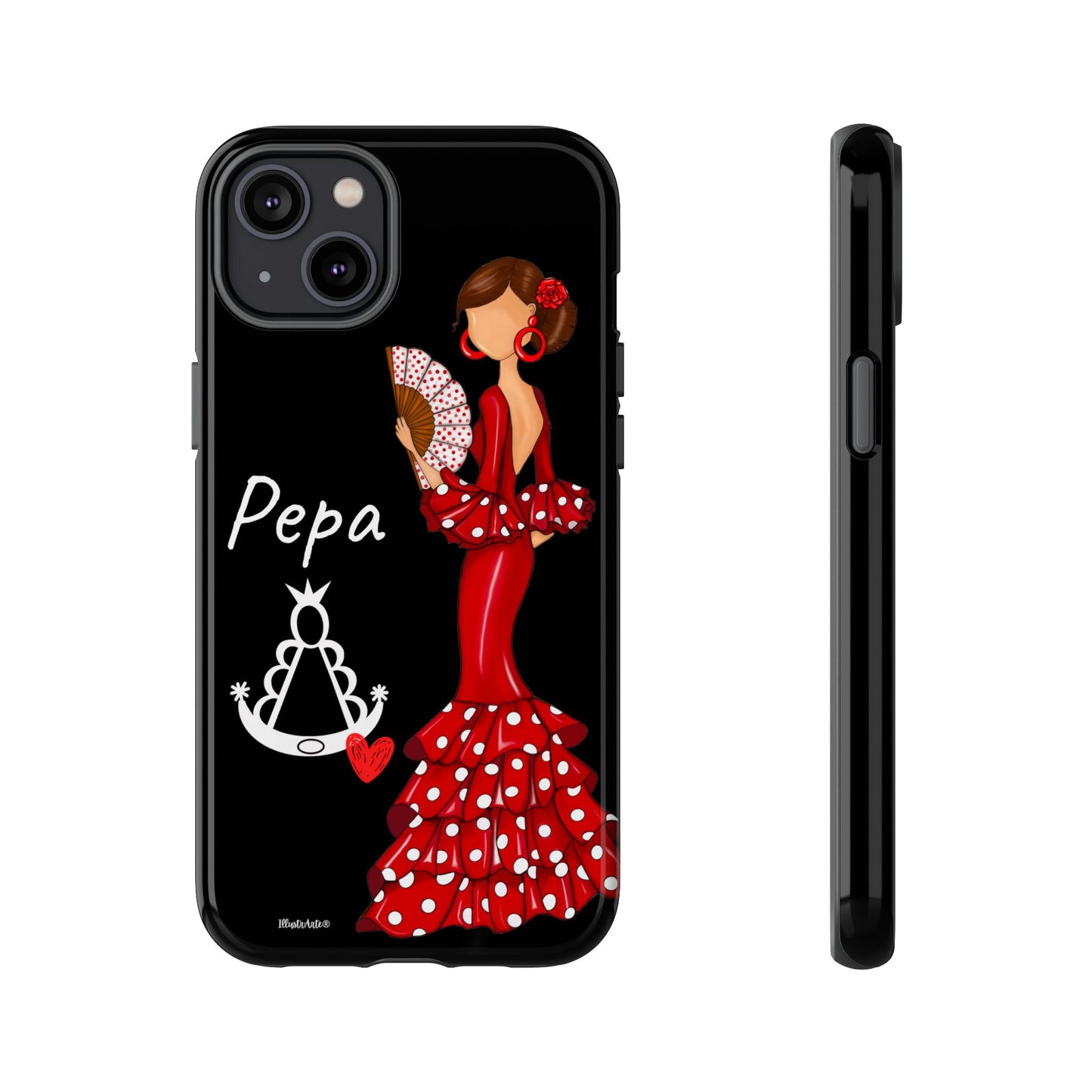 una funda de teléfono con una mujer en un vestido rojo