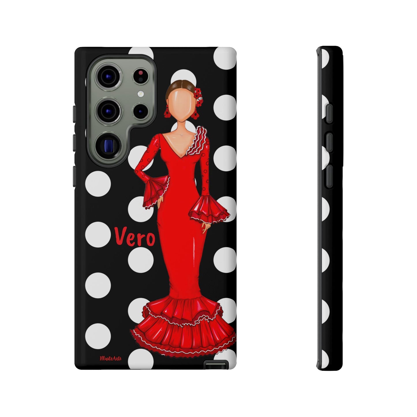 una funda de celular con una mujer en un vestido rojo