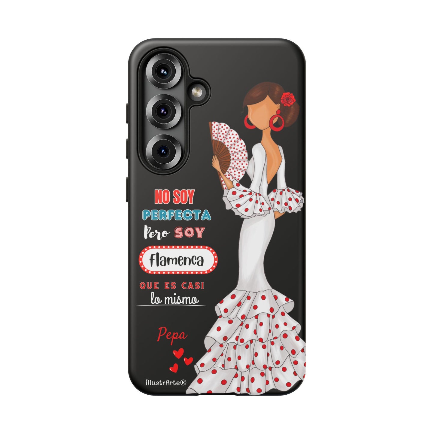 Funda de teléfono personalizable Pepa vestido blanco con frase – para iPhone, Samsung, Pixel