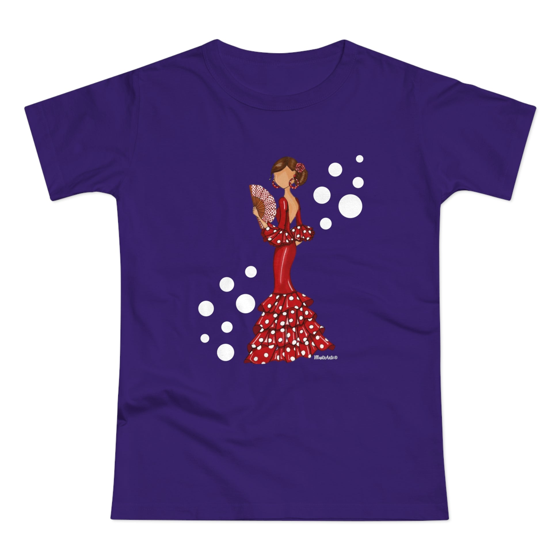 a purple t - shirt with a woman in a polka dot dress