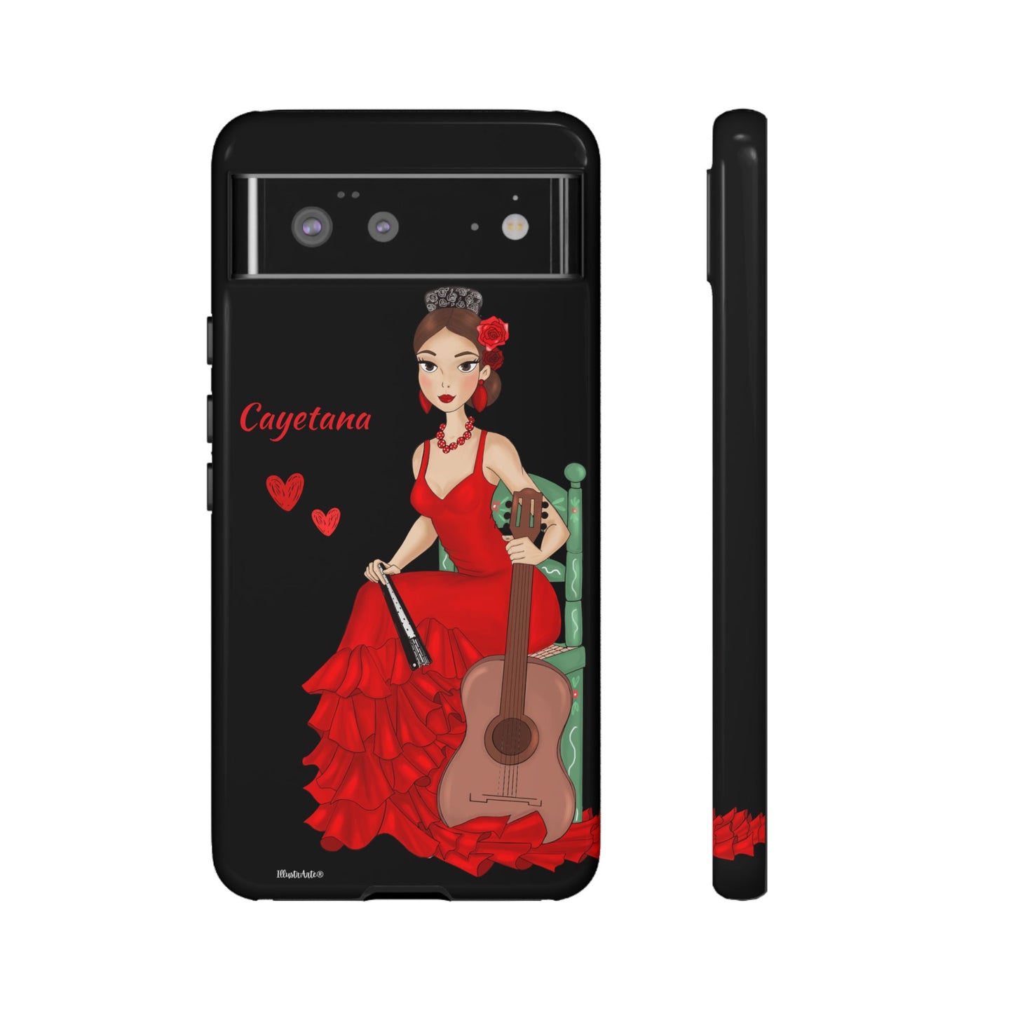 una funda de teléfono con una mujer en un vestido rojo sosteniendo una guitarra