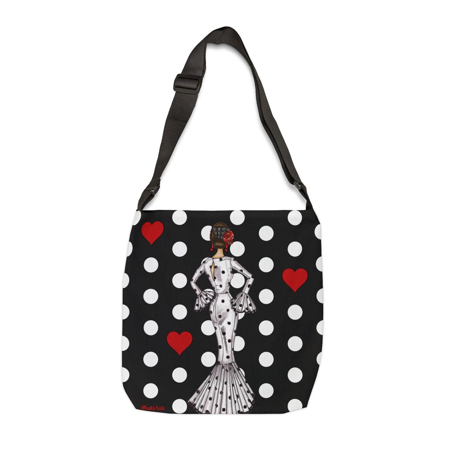 a black and white polka dot purse with a lady on it