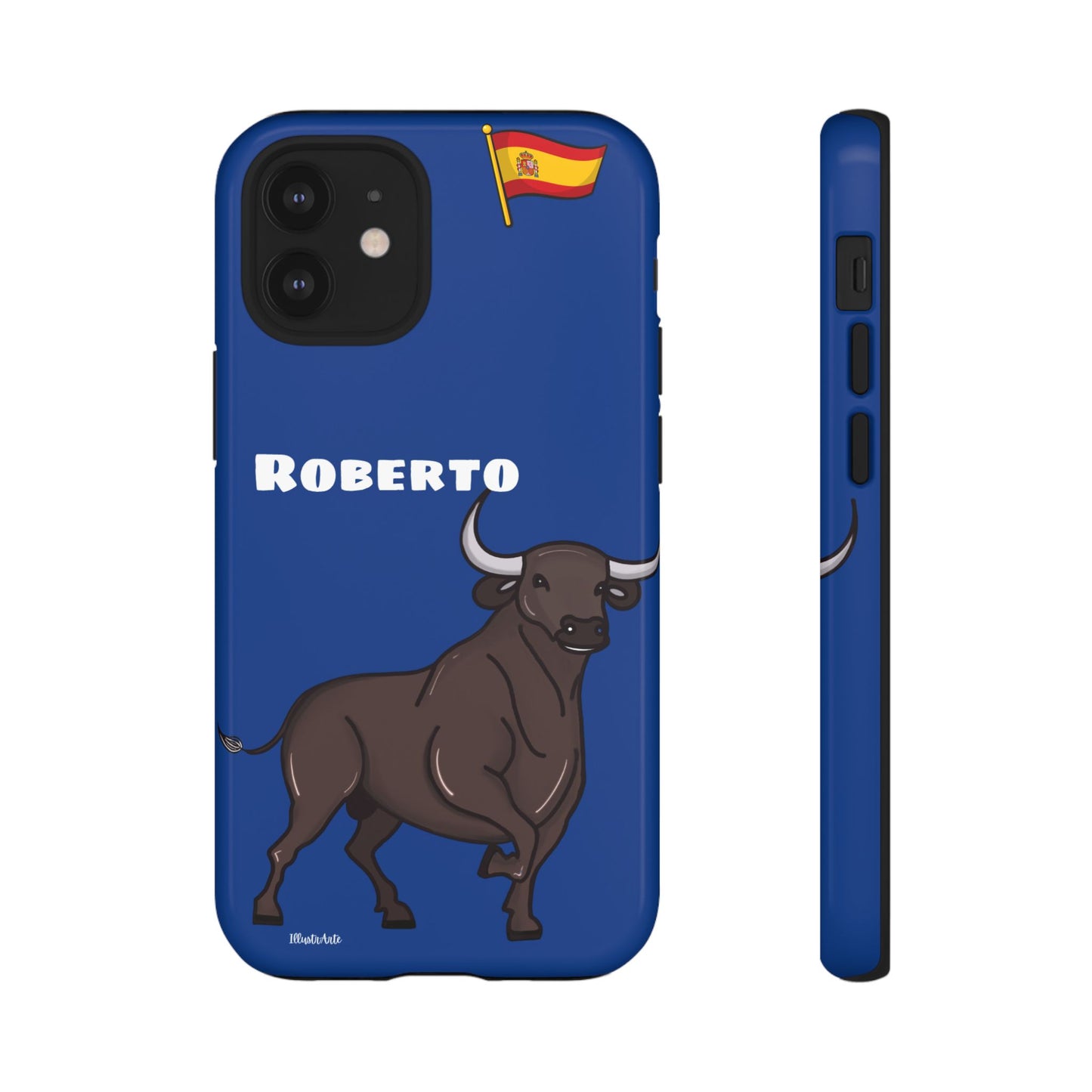 una funda de teléfono azul con un toro en ella