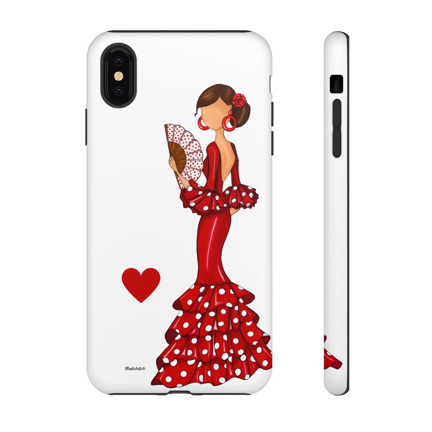 una funda de teléfono con una mujer en un vestido rojo sosteniendo un abanico