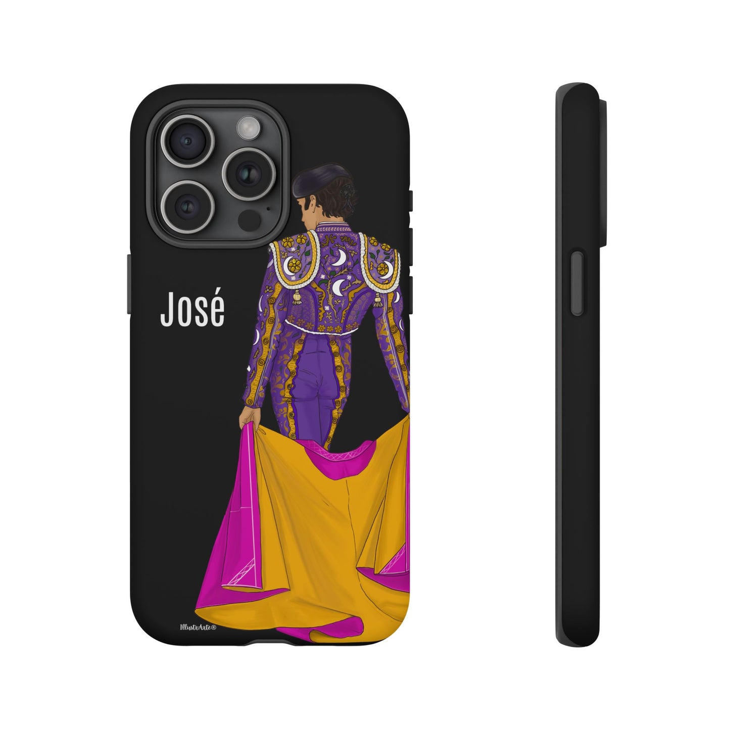 una funda de teléfono con una imagen de una mujer en un traje morado y amarillo