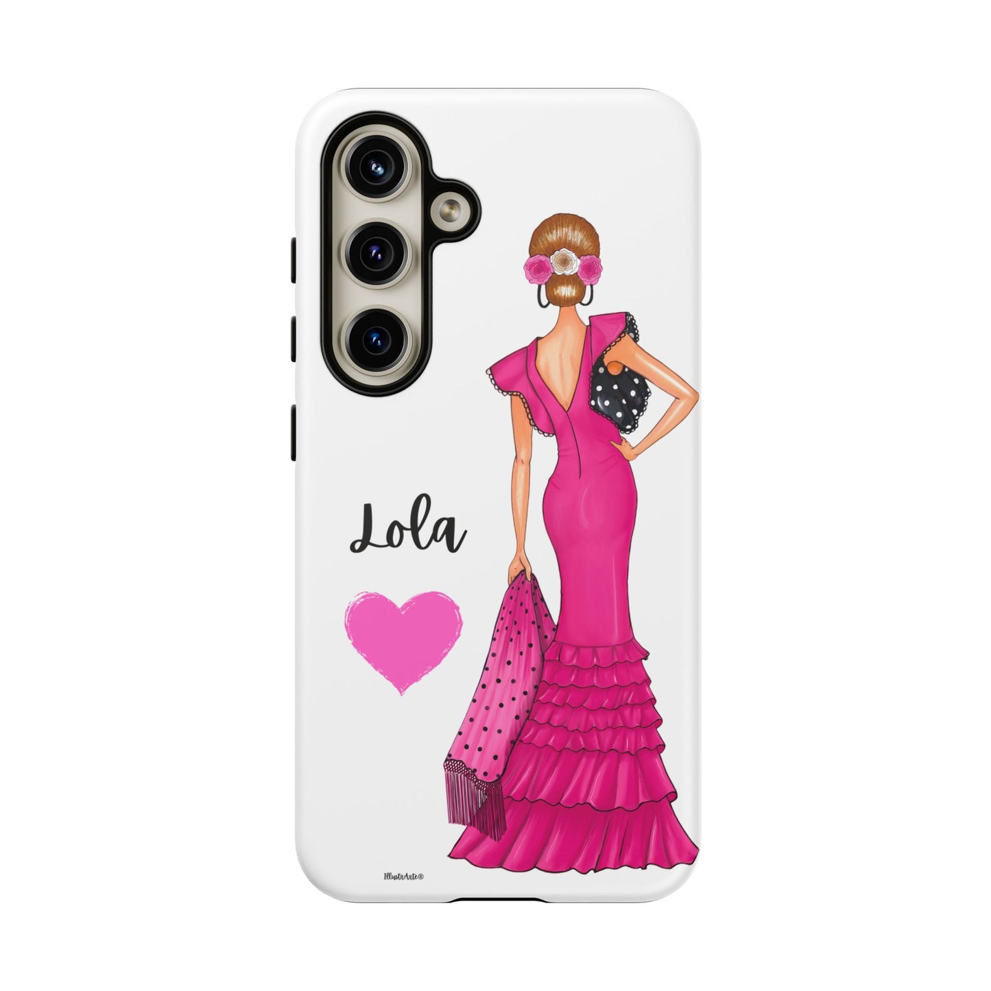 Funda de teléfono personalizable con nombre/bandera/Virgen - Modelo Manuela vestido rosa con una mezcla de modernidad.