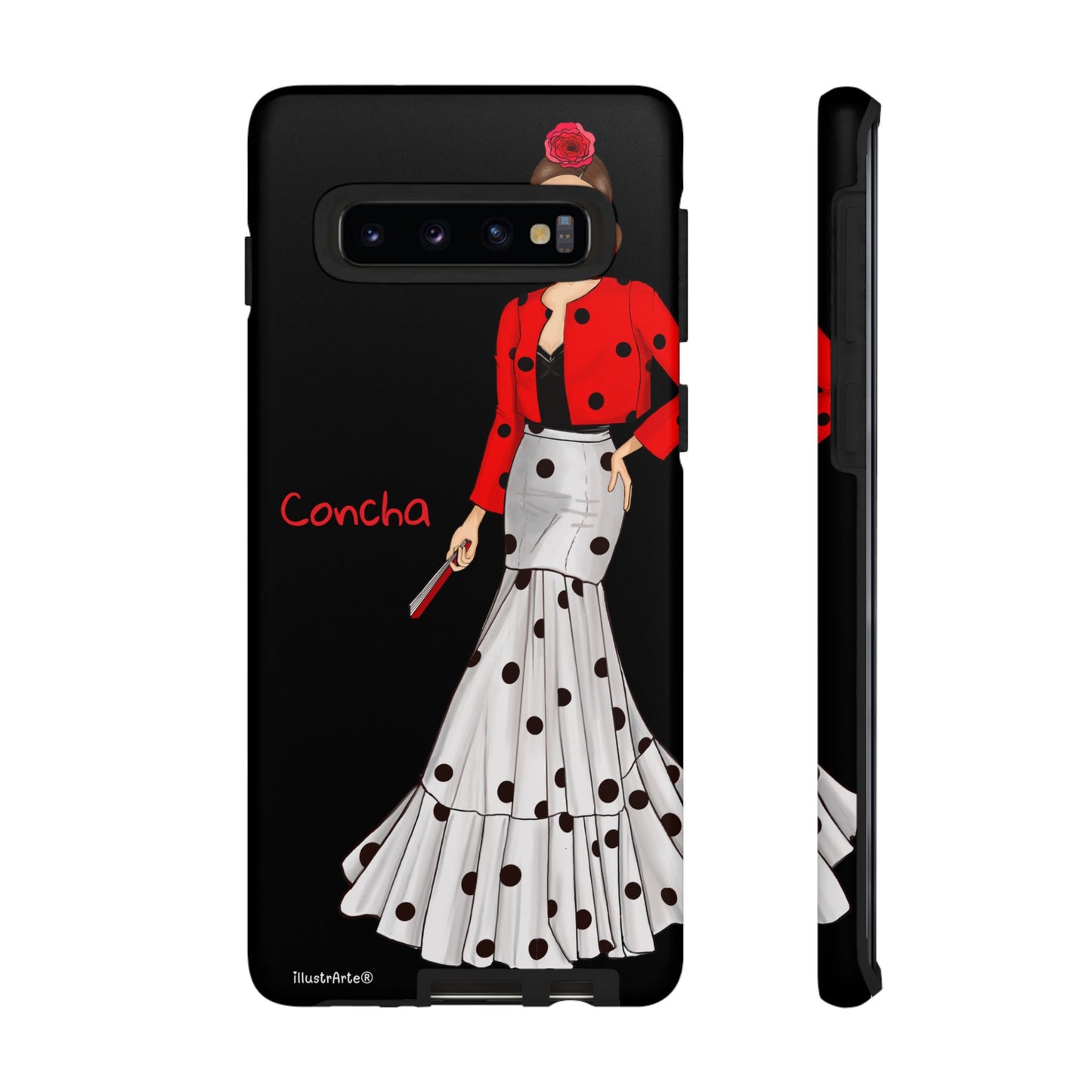 Funda de teléfono resistente y personalizable - Modelo Conchita fondo negro.