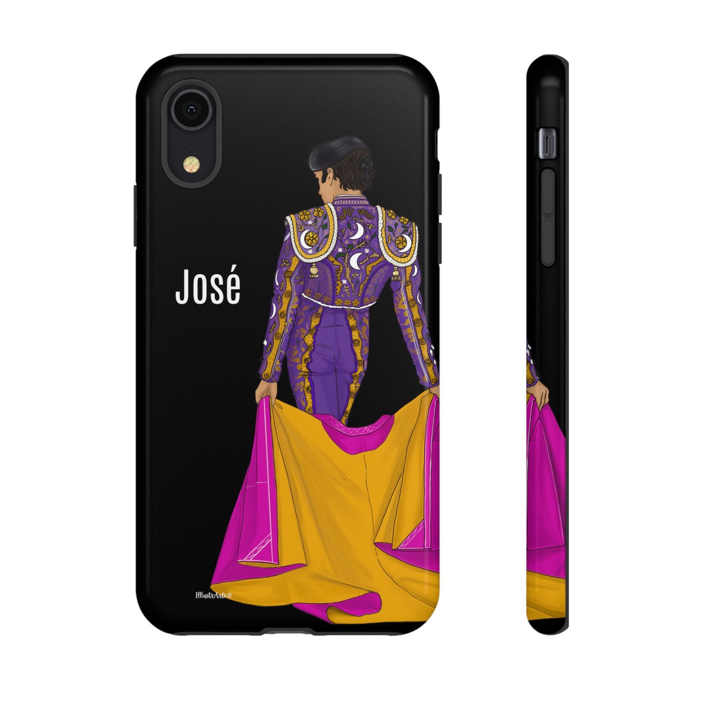 una funda de teléfono con una imagen de un hombre en un traje morado y amarillo