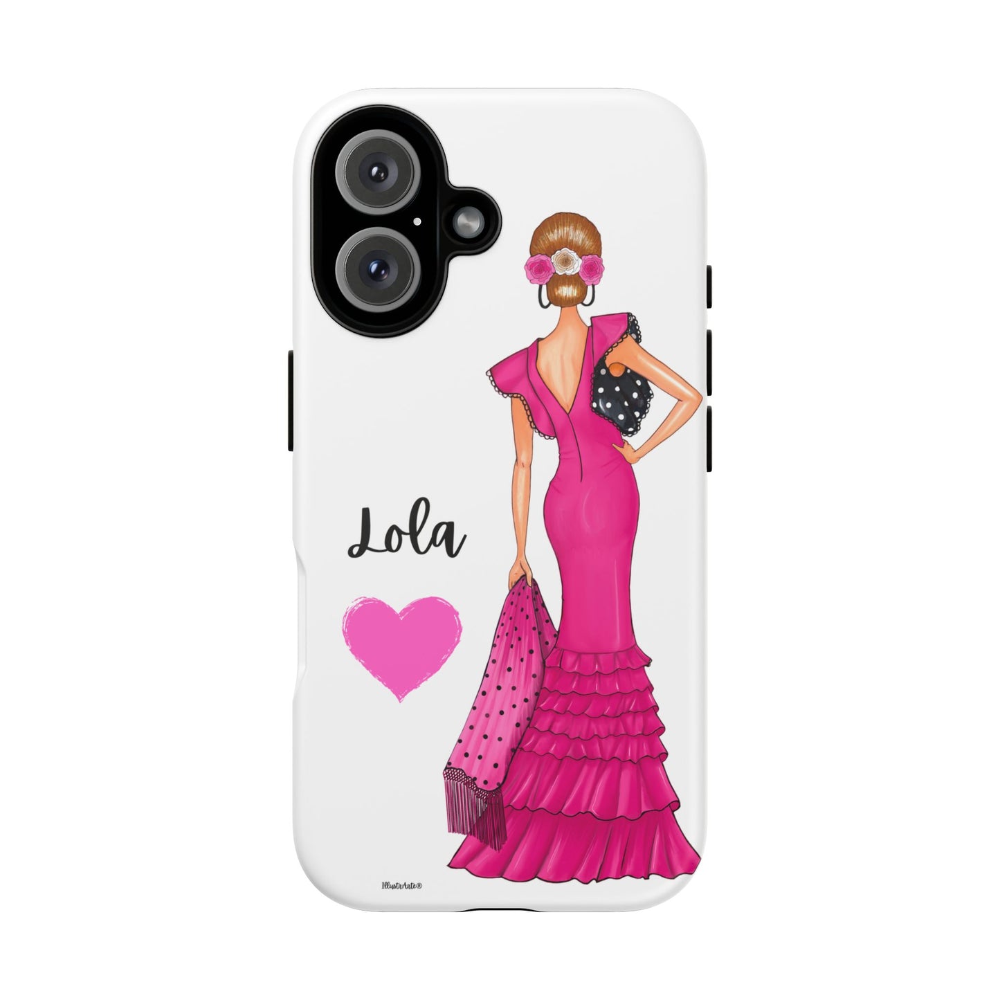 Funda de teléfono personalizable con nombre/bandera/Virgen - Modelo Manuela vestido rosa destacando su detalle.