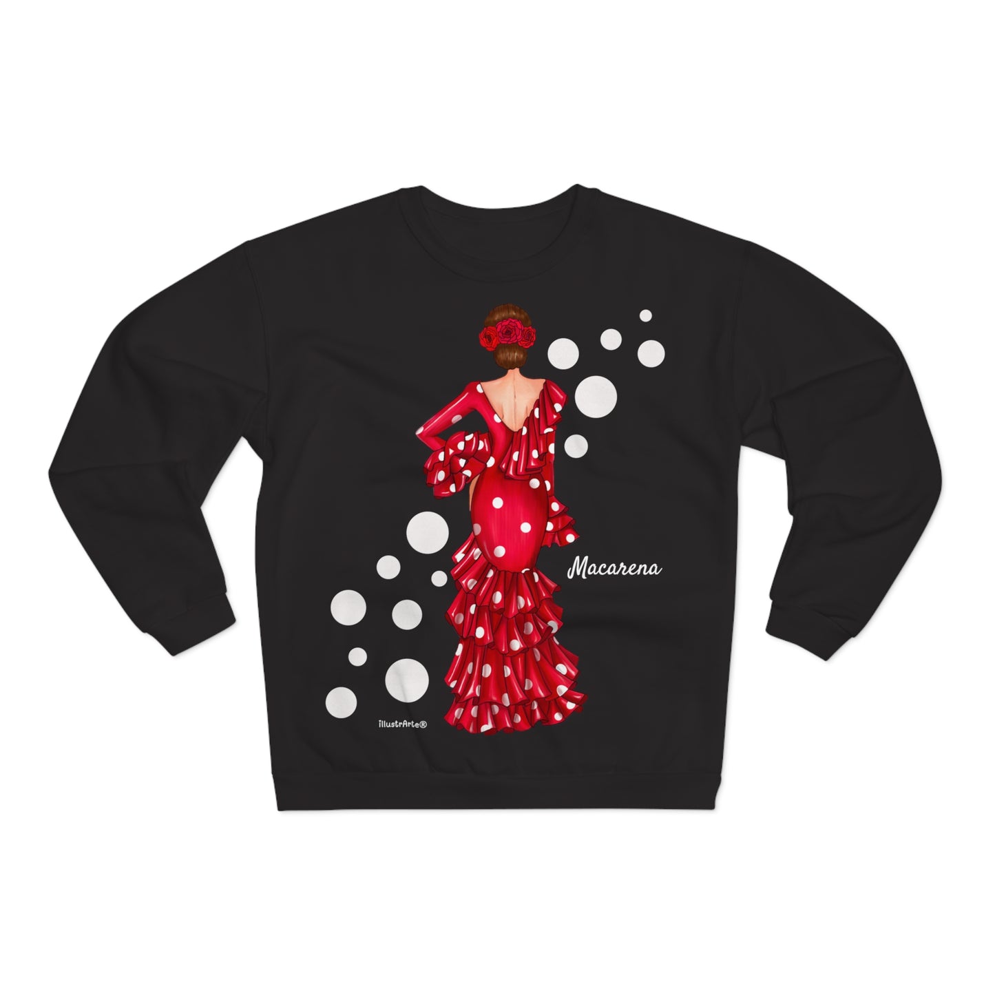 Sudadera Personalizable  - Flamenca Macarena, fondo negro con lunares - Arte, color y comodidad en una sola prenda
