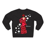 Customizable Sweatshirt - Flamenco Macarena, black background with polka dots - Art, color and comfort in one garment 