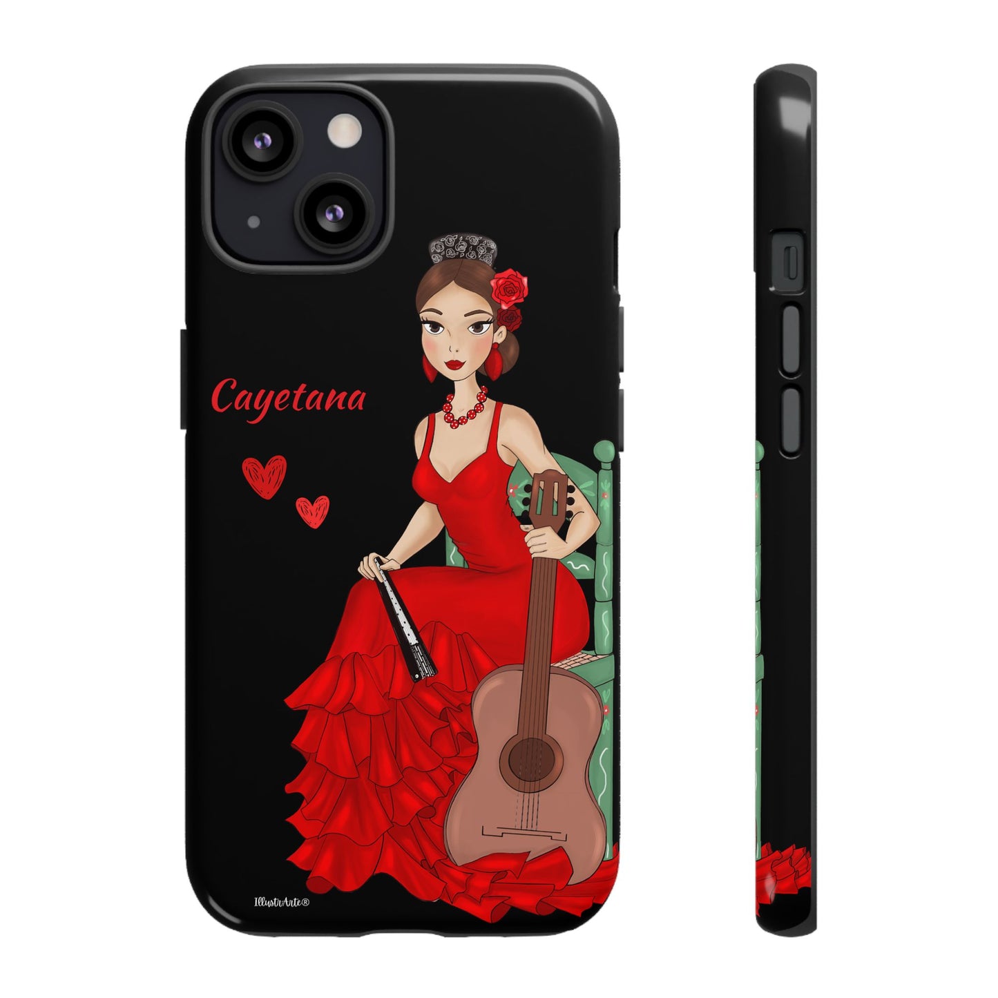 una funda de teléfono con una mujer en un vestido rojo sosteniendo una guitarra