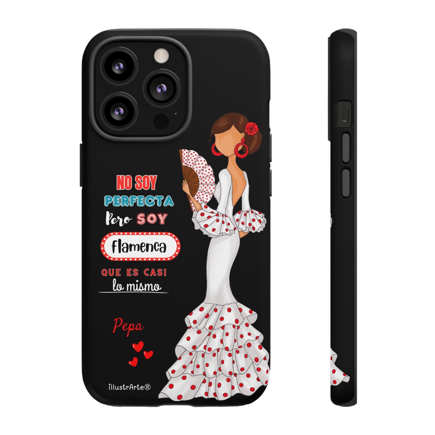Funda de teléfono personalizable Pepa vestido blanco con frase – para iPhone, Samsung, Pixel