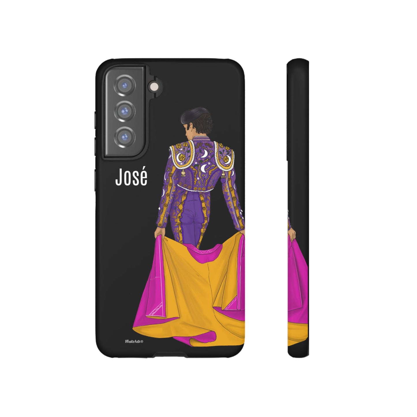 una funda de teléfono con una imagen de una mujer en un traje morado y amarillo