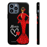 Personalised phone case flamenco dancer María, red dress, black background for iPhone 13 Pro Max, gloss finish – illustrArte
