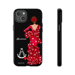 Personalised phone case flamenco dancer Macarena, with a little Virgin Mary for iPhone 15 Plus, gloss finish – illustrArte