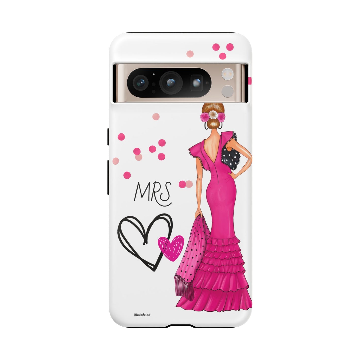 una funda de teléfono con una mujer en un vestido rosa