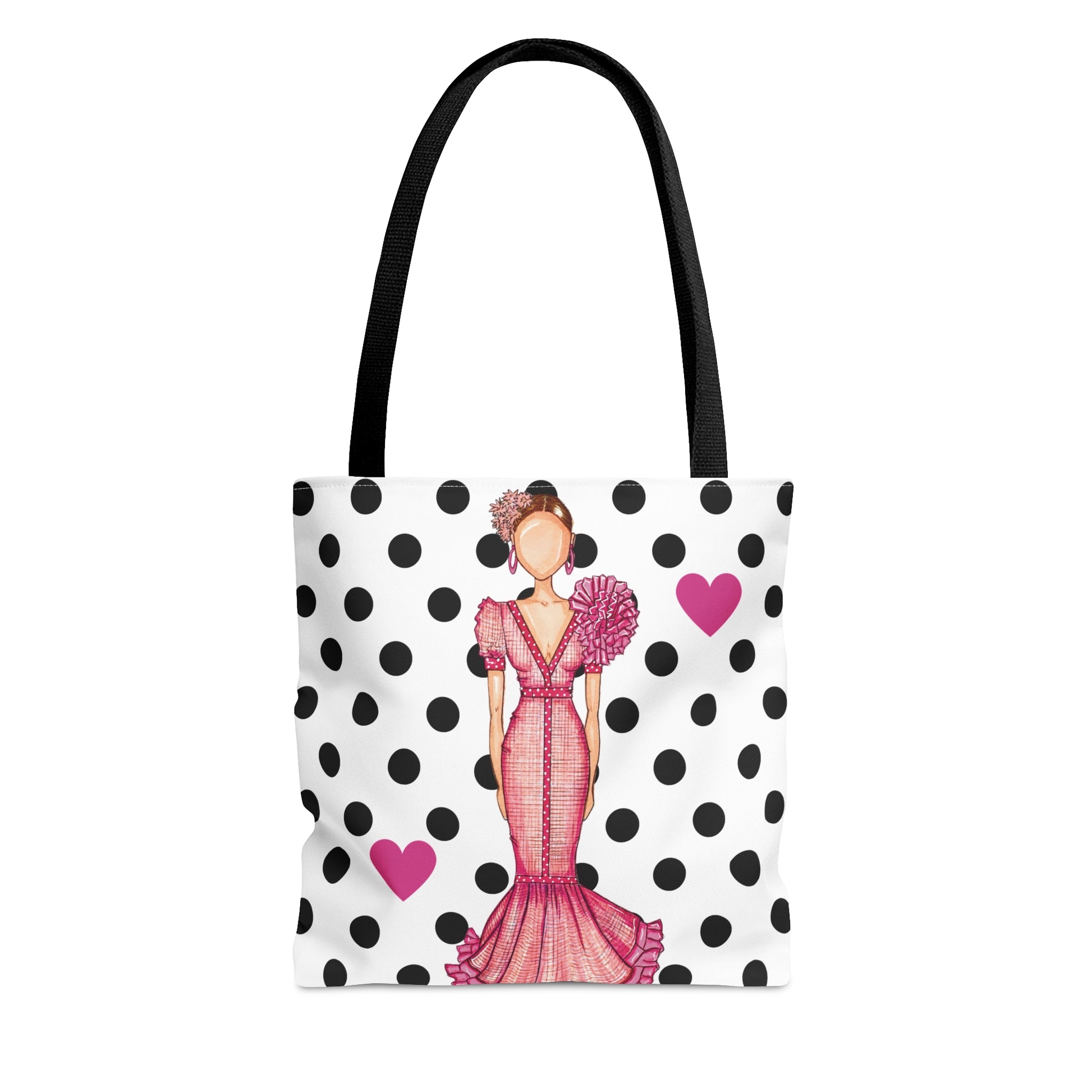 a tote bag with a woman in a pink dress