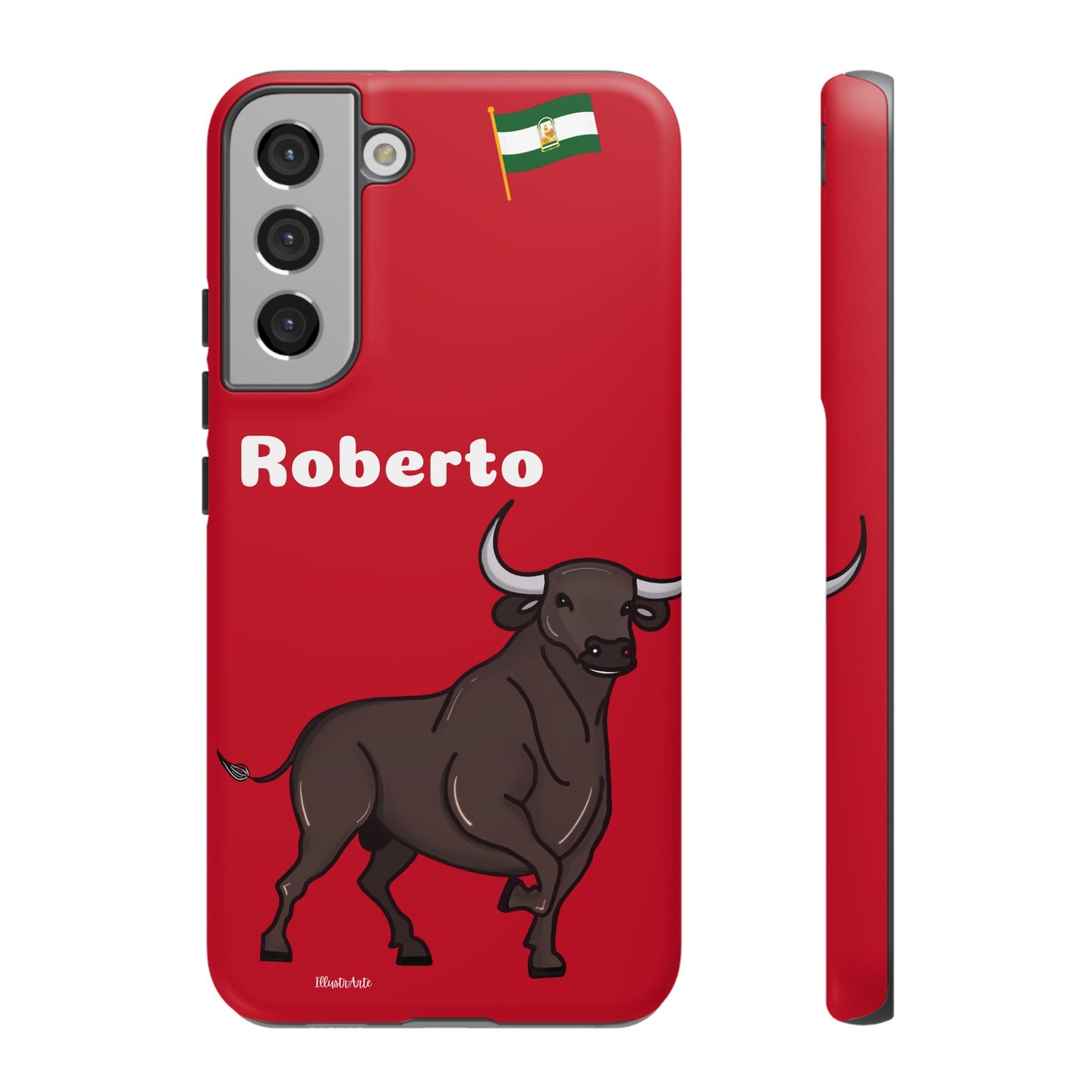 una funda de teléfono roja con un toro en ella