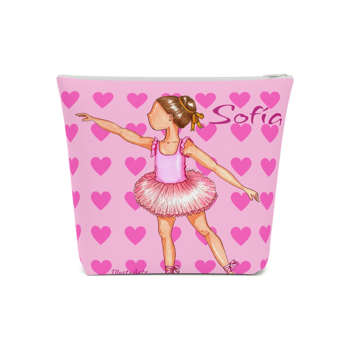 a pink cosmetic bag with a picture of a ballerina