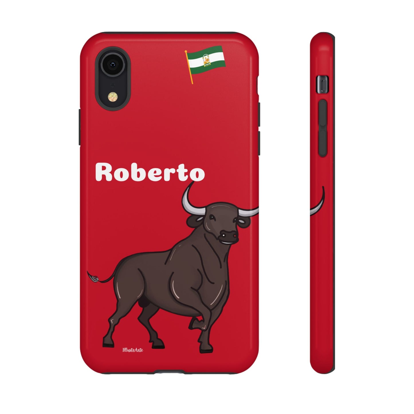 una funda de teléfono roja con un toro en ella