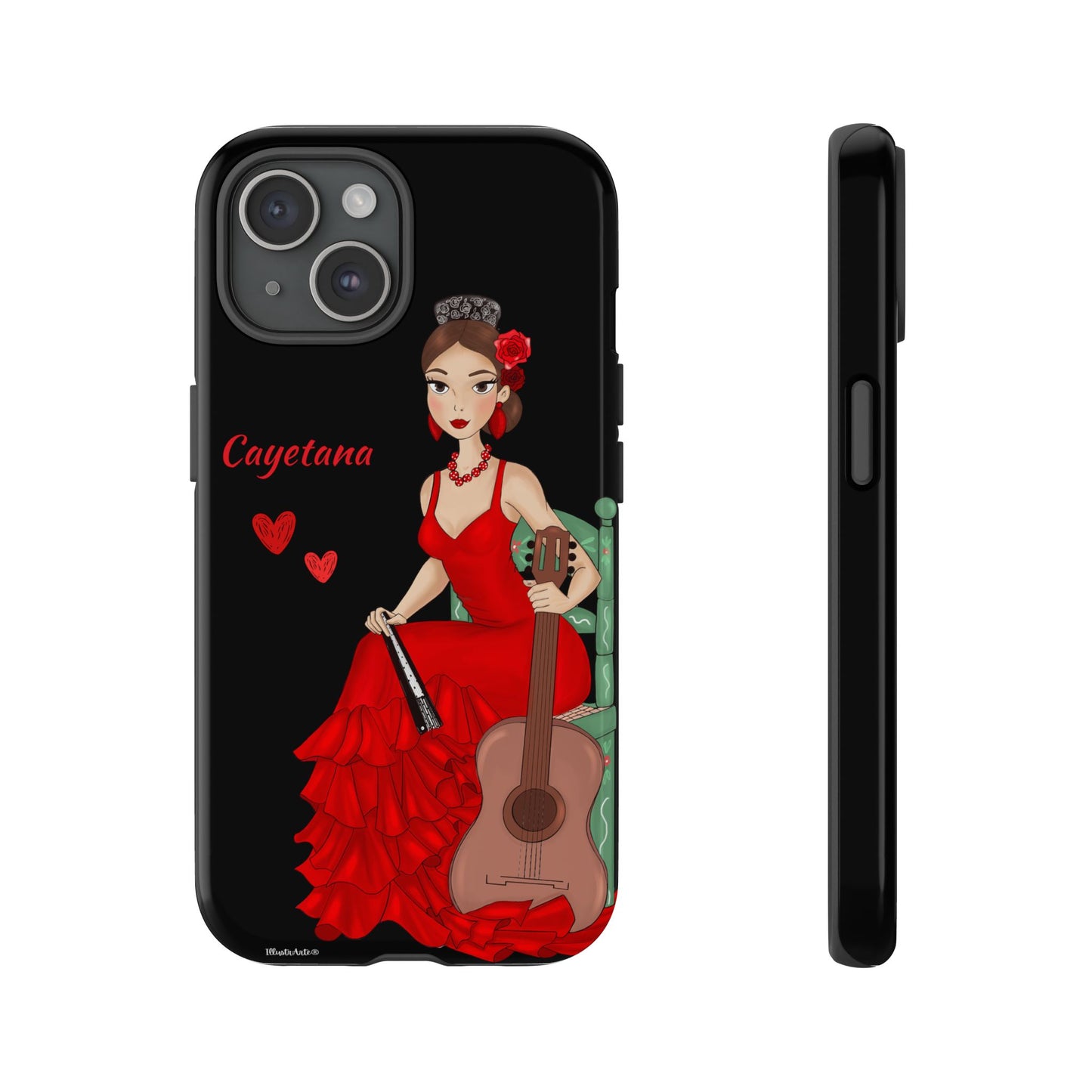 una funda de teléfono con una mujer en un vestido rojo sosteniendo una guitarra