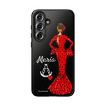Personalised phone case flamenco dancer María, red dress, with a little Virgin Mary for Samsung Galaxy S25 Plus, gloss finish – illustrArte
