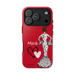 Personalised phone case flamenco dancer María Blanco, red background, with hearts for iPhone 17 Pro, gloss finish – illustrArte