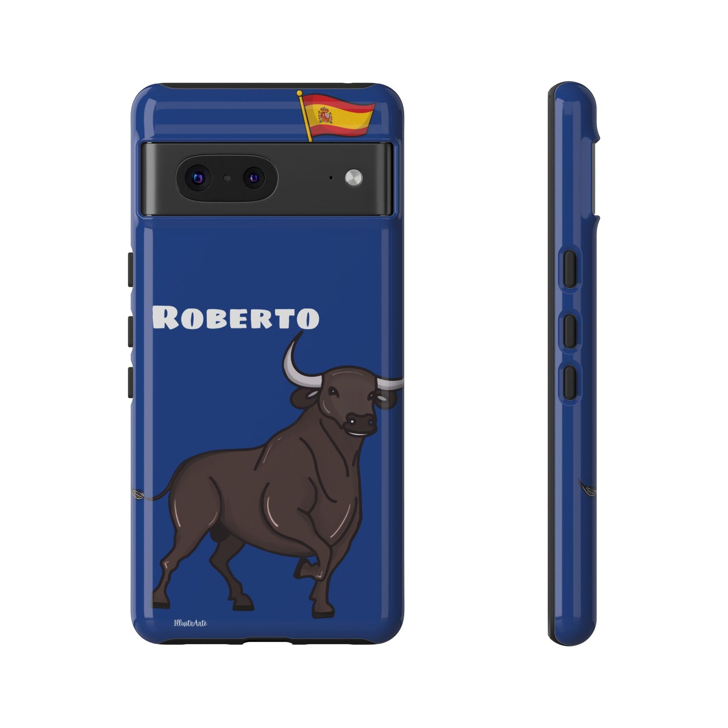 una funda de teléfono azul con un toro en ella