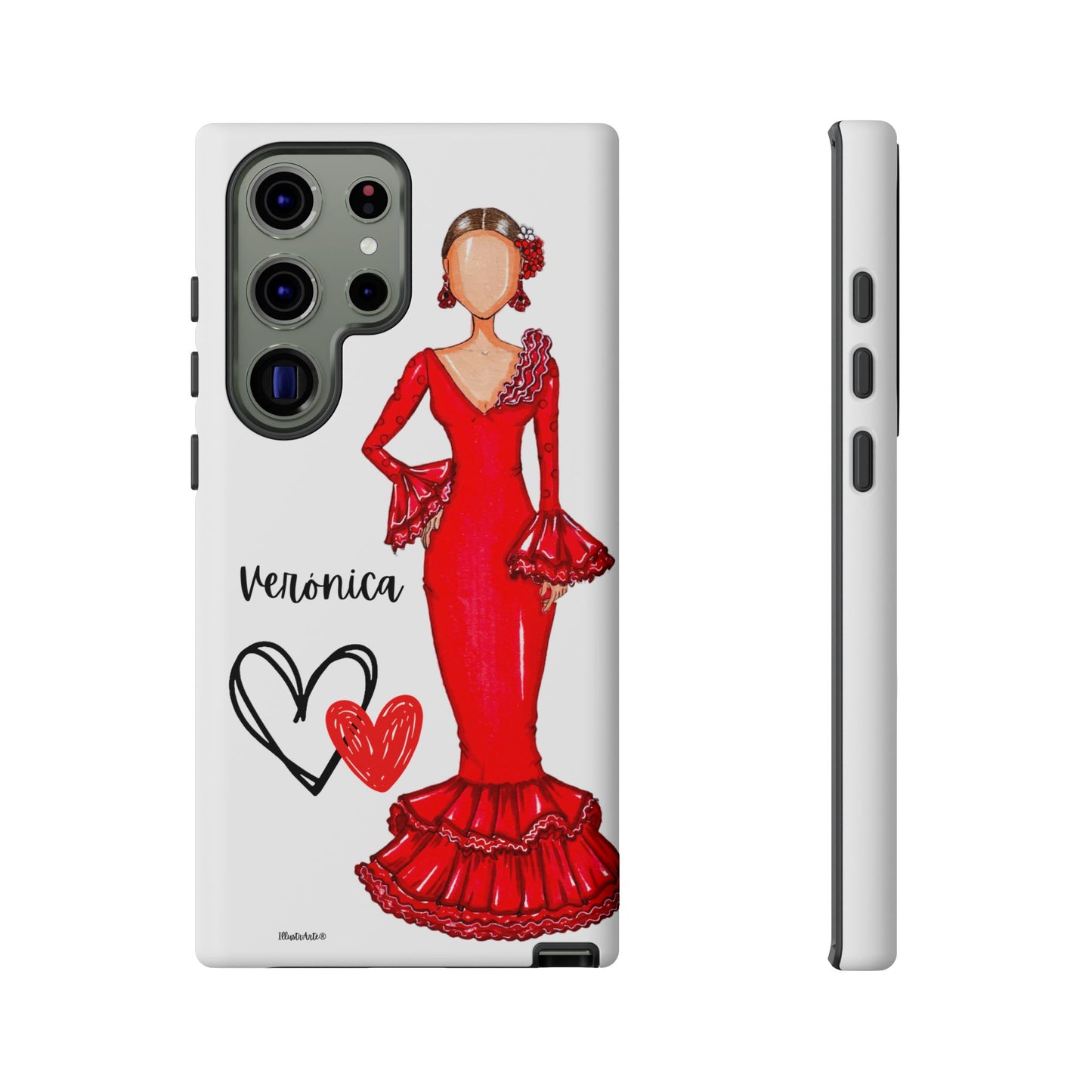 una funda de teléfono con un dibujo de una mujer en un vestido rojo