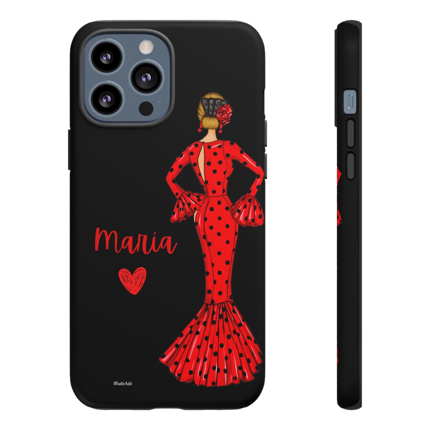 una funda de teléfono con una mujer en un vestido rojo