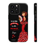 Personalised phone case flamenco dancer Pepa, with quote for iPhone 13 Pro, gloss finish – illustrArte