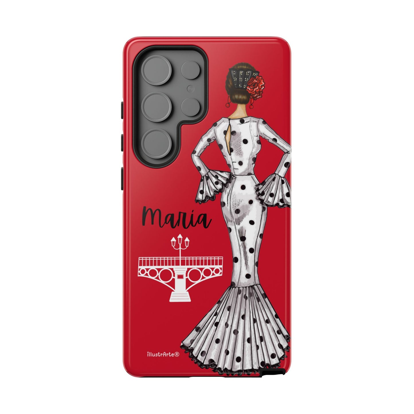 Fondo claro mostrando la funda de teléfono personalizada con diseño de flamenca María, ideal para Google Pixel.